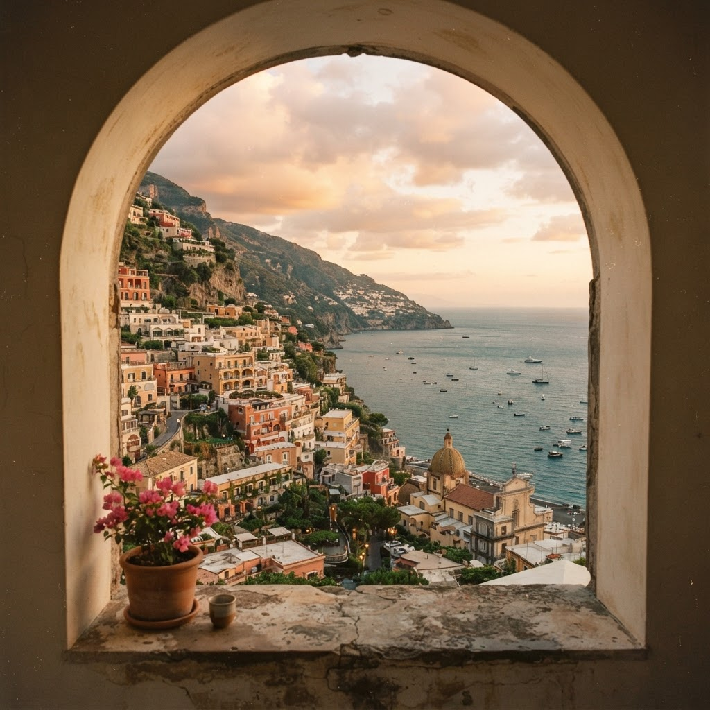 A view through an open arched window onto a warm coastal town at golden hour